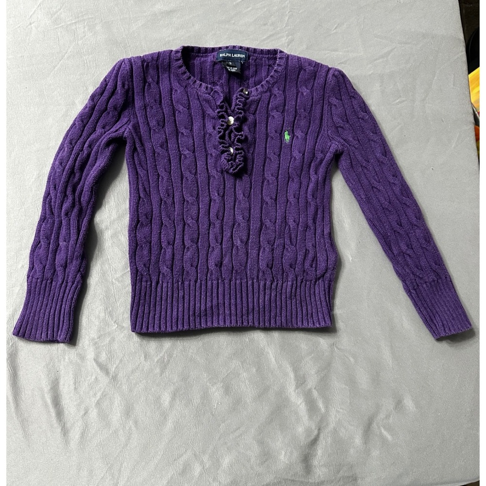Ralph Lauren Kids Purple Cable Knit Ruffle Button Sweater Size 5